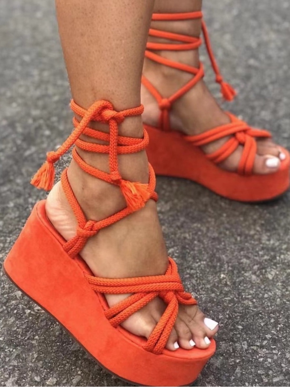 Orange Lace-Up Platform Wedge Heels Tassel Ankle Tie Statement Shoes